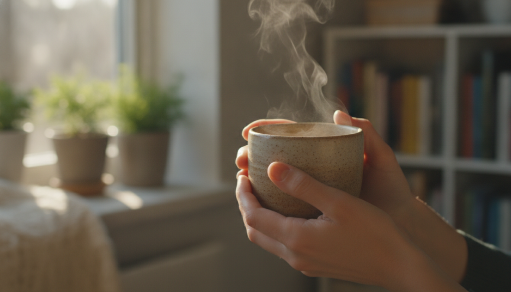 A pair of hands gently cupping a ceramic mug filled with a steaming herbal tea with soft diffused natural light in a coz