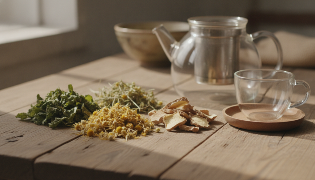 A variety of dried herbs and spices arranged neatly around a teapot and a cup suggesting ingredients for herbal teas