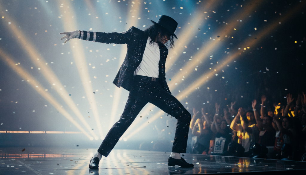 Michael Jackson in his iconic 80s look perhaps with a single glove fedora or a sequined jacket performing on stage