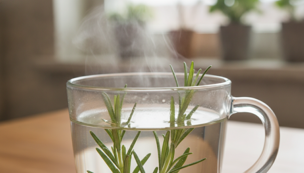 Close-up of fresh rosemary sprigs steeping in a clear glass mug of warm water with steam gently rising