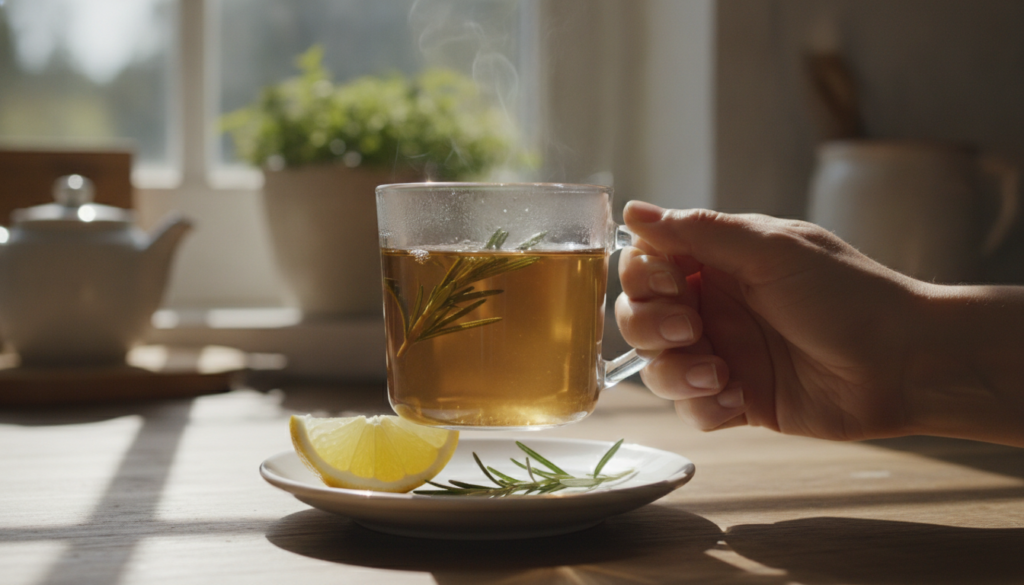 A hand holding a clear glass mug with a finished rosemary infusion perhaps with a lemon slice on the side in a bright ki