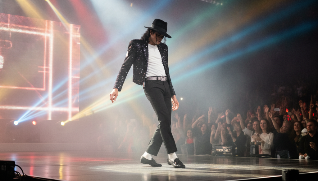 Michael Jackson in the 1980s performing his iconic moonwalk on stage with a dazzling energetic atmosphere