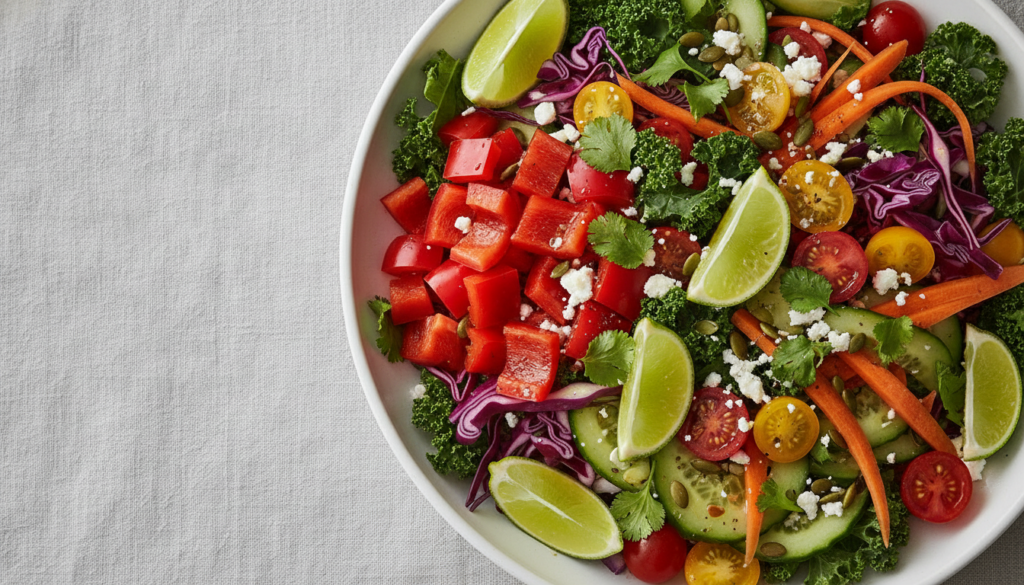 A colorful vibrant salad featuring prominently diced red bell peppers and lime wedges with other fresh vegetables