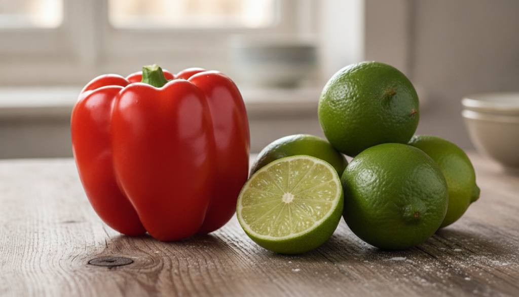 A vibrant red bell pepper next to several fresh green limes arranged attractively on a rustic wooden surface with a soft