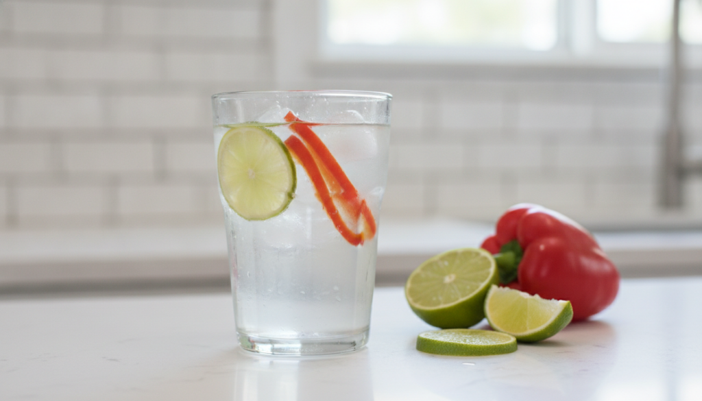 A glass of refreshing fruit-infused water with slices of red bell pepper and lime on a bright kitchen counter