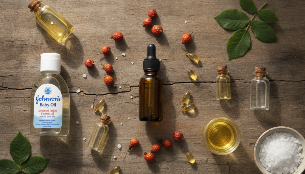 A flat lay of natural ingredients like rosehips vitamin E capsules small bottles of Johnson s Baby Oil and other carrier
