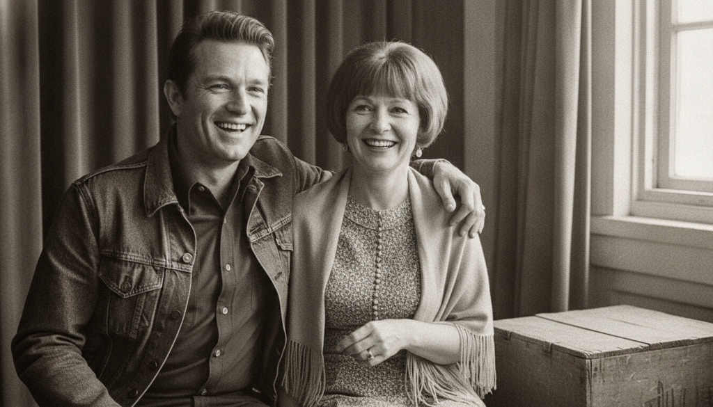 A real archival photo of Johnny Cash and June Carter smiling together perhaps off-stage or in a casual setting from thei