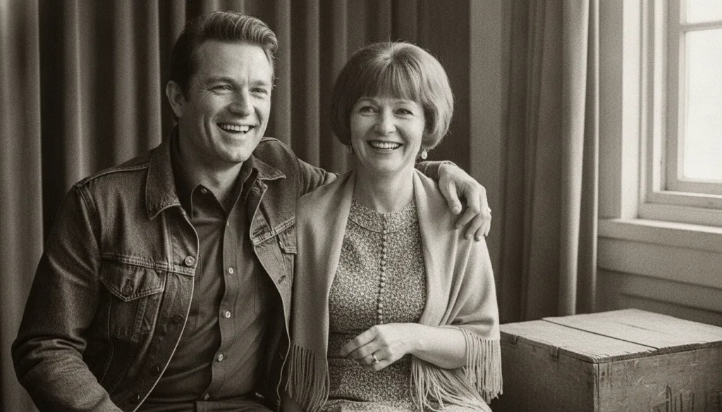 A real archival photo of Johnny Cash and June Carter smiling together perhaps off-stage or in a casual setting from thei