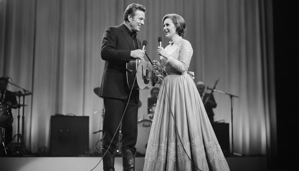 Johnny Cash and June Carter performing on stage together with microphones in a vintage black and white photo