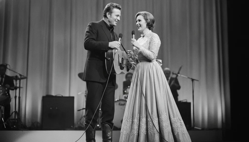 Johnny Cash and June Carter performing on stage together with microphones in a vintage black and white photo
