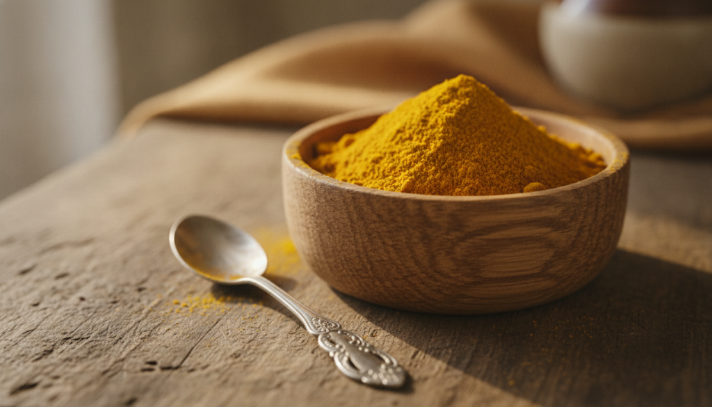 A close-up of a bowl of bright yellow turmeric powder with a small spoon next to it set against a warm natural backgroun