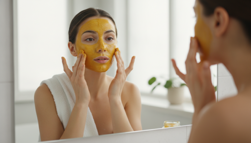 A woman applying a yellow turmeric and baby oil face mask to her clean face in a bathroom mirror
