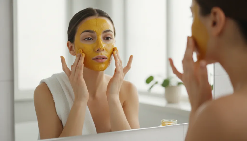 A woman applying a yellow turmeric and baby oil face mask to her clean face in a bathroom mirror