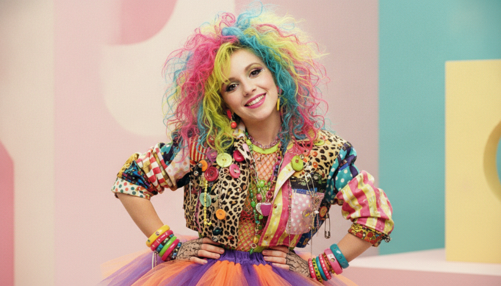 A vibrant portrait of young Cyndi Lauper from the 1980s featuring her signature colorful wild hair and eccentric fashion