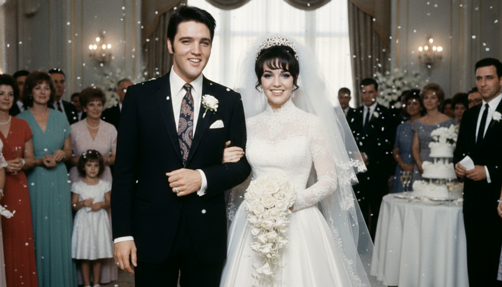 A real archival photo of Elvis Presley and Priscilla Presley on their wedding day in 1967 smiling and posing for photogr