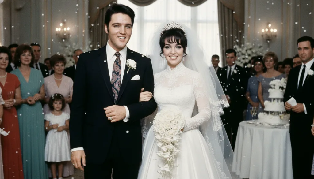 A real archival photo of Elvis Presley and Priscilla Presley on their wedding day in 1967 smiling and posing for photogr