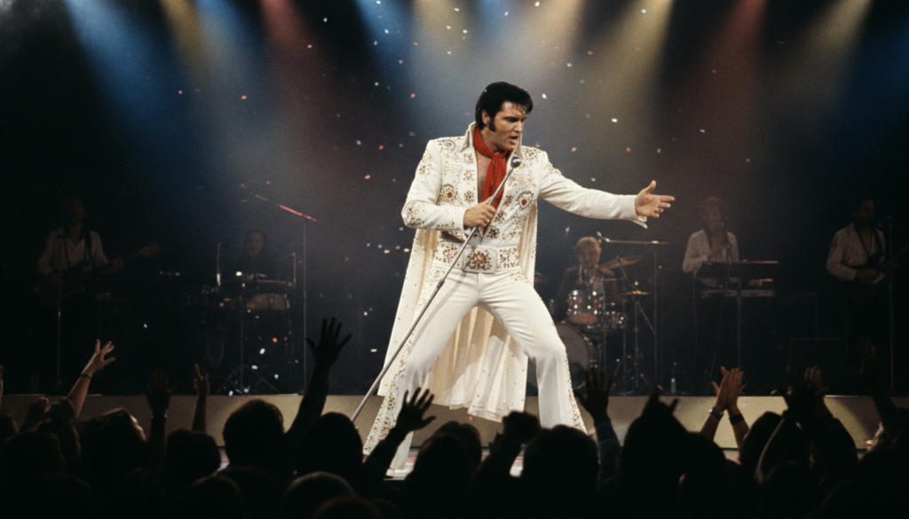 A real image of Elvis Presley performing on stage during his iconic 1960s or early 1970s Las Vegas residency wearing one