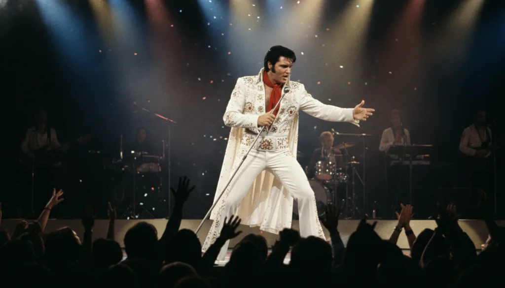 A real image of Elvis Presley performing on stage during his iconic 1960s or early 1970s Las Vegas residency wearing one