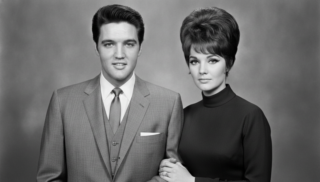A real publicity photo of Elvis and Priscilla Presley from the 1960s showcasing their iconic fashion and hairstyles of t