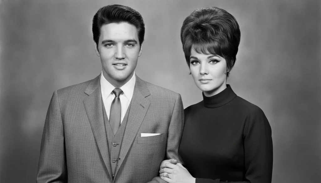 A real publicity photo of Elvis and Priscilla Presley from the 1960s showcasing their iconic fashion and hairstyles of t
