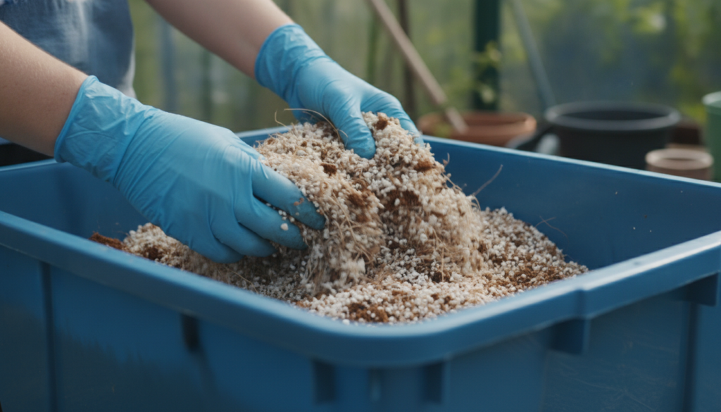 A person s gloved hands mixing a blend of coco coir compost and perlite in a large mixing tub demonstrating the DIY pott