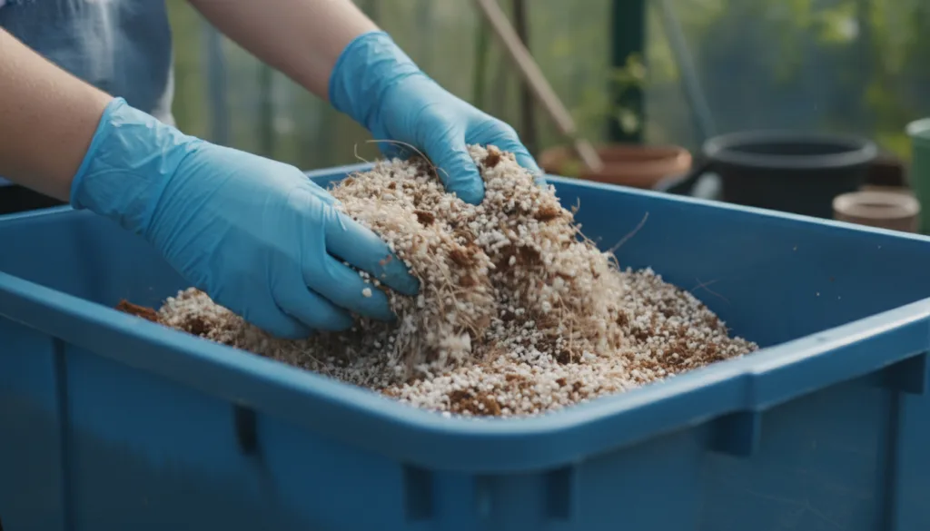 A person s gloved hands mixing a blend of coco coir compost and perlite in a large mixing tub demonstrating the DIY pott