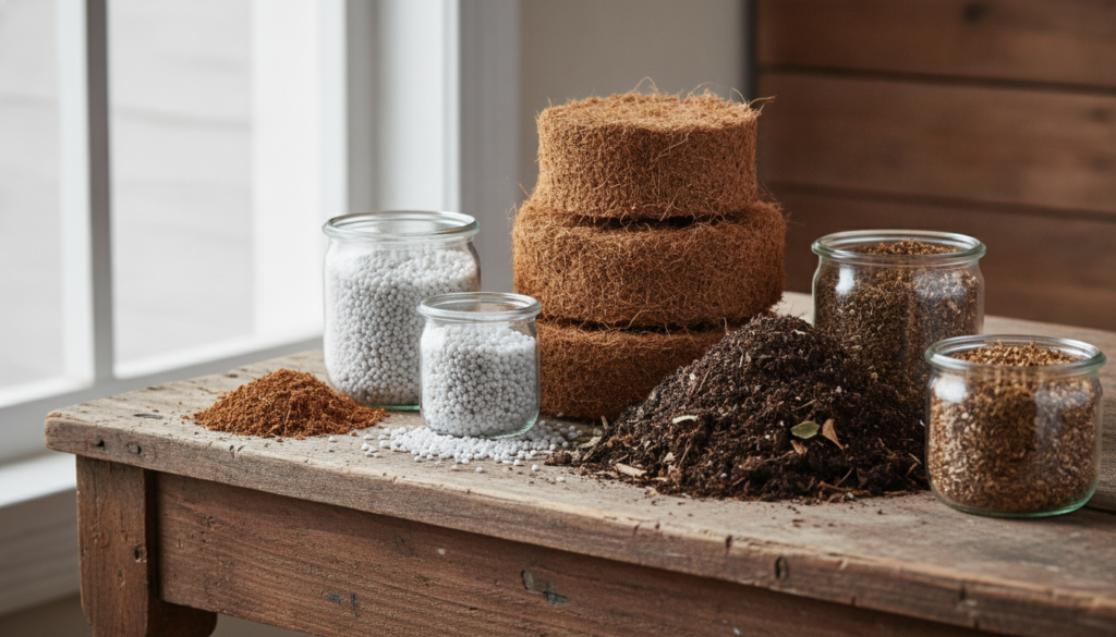 Various organic potting mix ingredients laid out on a gardening mat including coco coir perlite compost and vermiculite