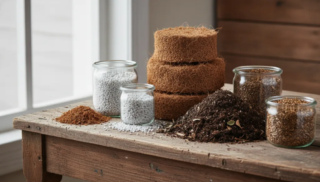 Various organic potting mix ingredients laid out on a gardening mat including coco coir perlite compost and vermiculite 