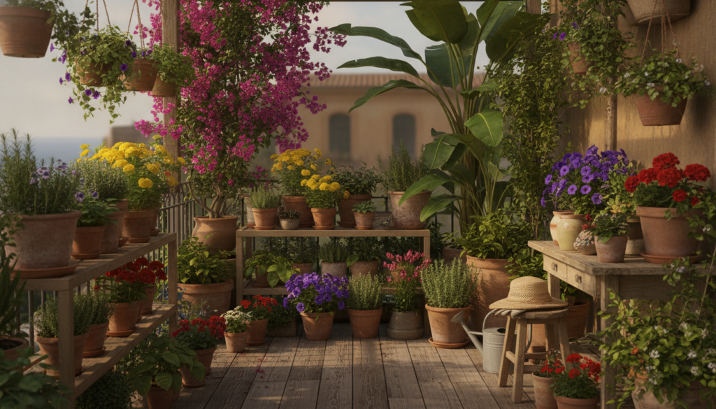 A vibrant thriving balcony garden with various potted plants in different containers showcasing healthy foliage and flow