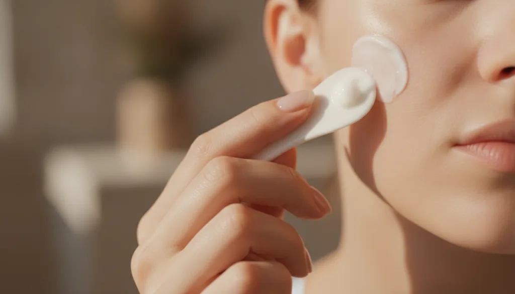 A close-up of a hand gently applying a small amount of the mixed Vaseline and baking soda paste to a person s cheek