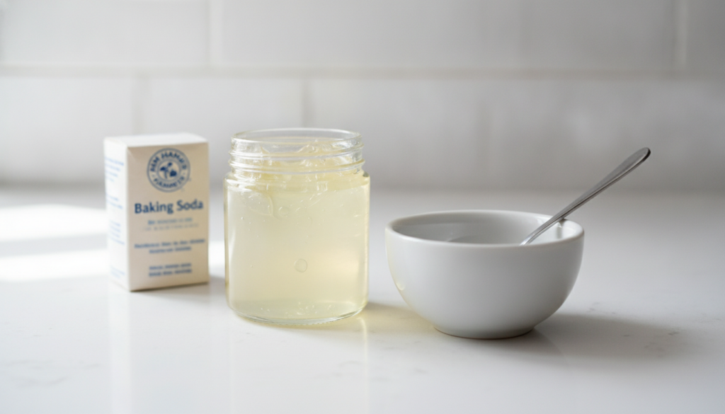 Two small containers one with Vaseline petroleum jelly and another with baking soda placed next to a small mixing bowl a