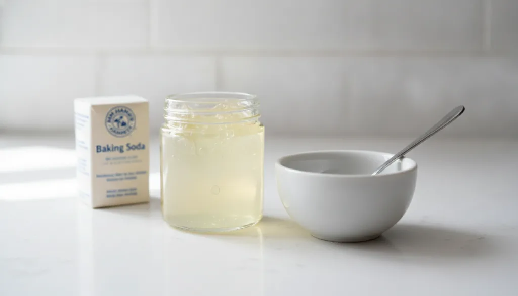 Two small containers one with Vaseline petroleum jelly and another with baking soda placed next to a small mixing bowl a