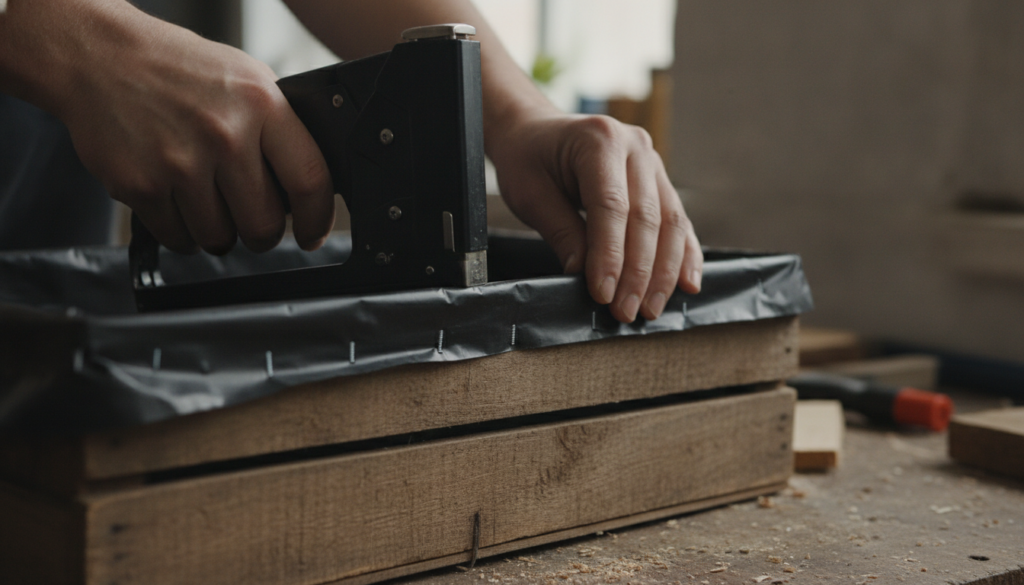Close-up of hands stapling a plastic liner inside a wooden crate demonstrating the lining process for a DIY planter