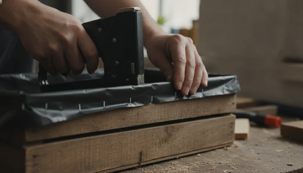 Close-up of hands stapling a plastic liner inside a wooden crate demonstrating the lining process for a DIY planter