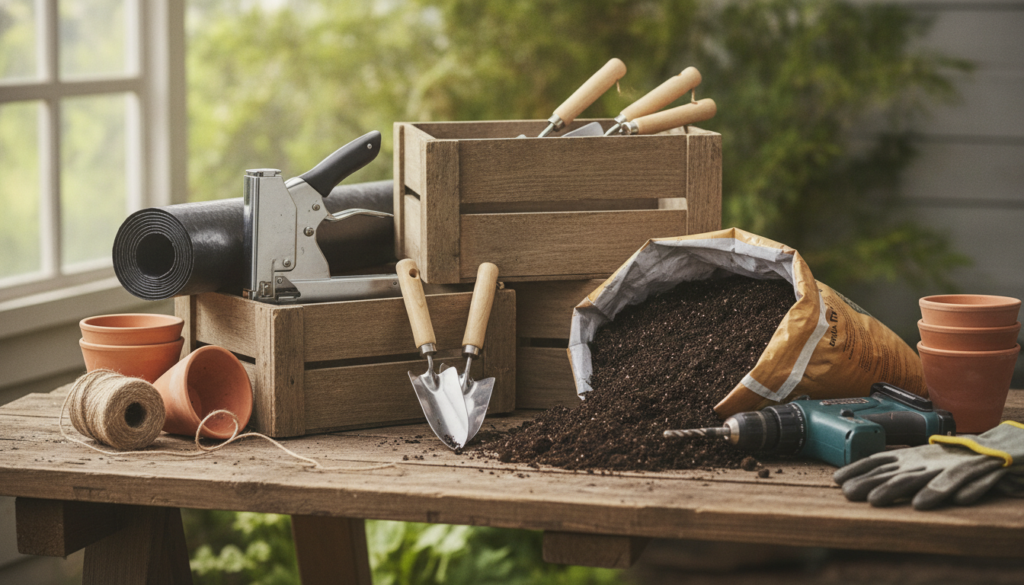 Various gardening materials laid out on a clean surface including several rustic wooden crates a roll of plastic liner a