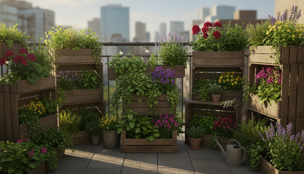A beautiful thriving urban balcony garden with various plants herbs flowers small vegetables in aesthetically pleasing D