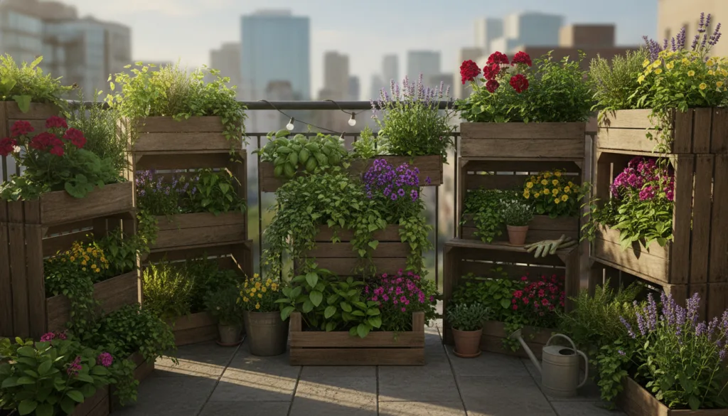 A beautiful thriving urban balcony garden with various plants herbs flowers small vegetables in aesthetically pleasing D