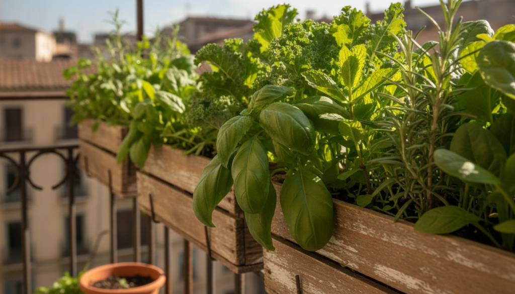 A variety of vibrant herbs such as basil mint rosemary and small leafy greens growing beautifully in several wooden crat