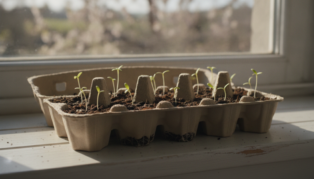 A close-up shot of an open cardboard egg carton filled with soil and tiny green seedlings sitting on a sunlit windowsill