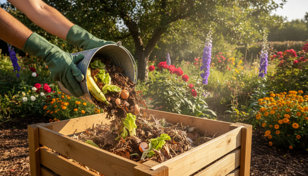 A gardener adding kitchen scraps and dry leaves to a compost bin in a sunny garden