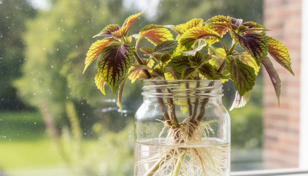 Several Coleus cuttings placed in a clear glass jar filled with water showing newly formed white roots emerging from the