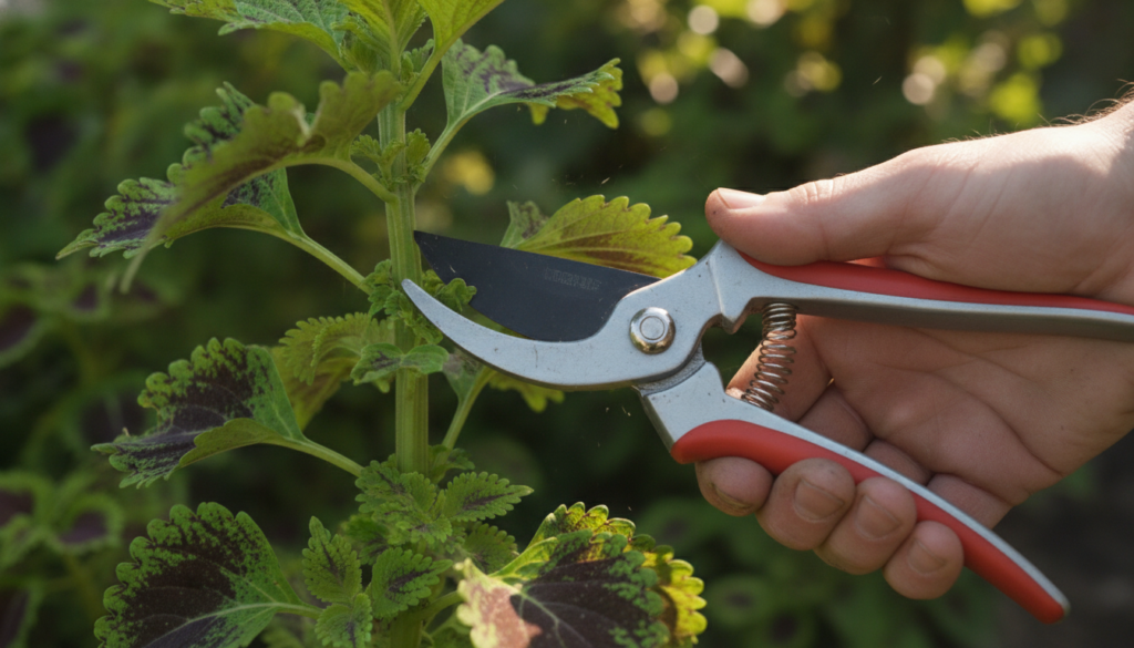 A close-up shot of a hand using sharp pruning shears to take a 4-6 inch cutting from a vibrant healthy Coleus plant The 