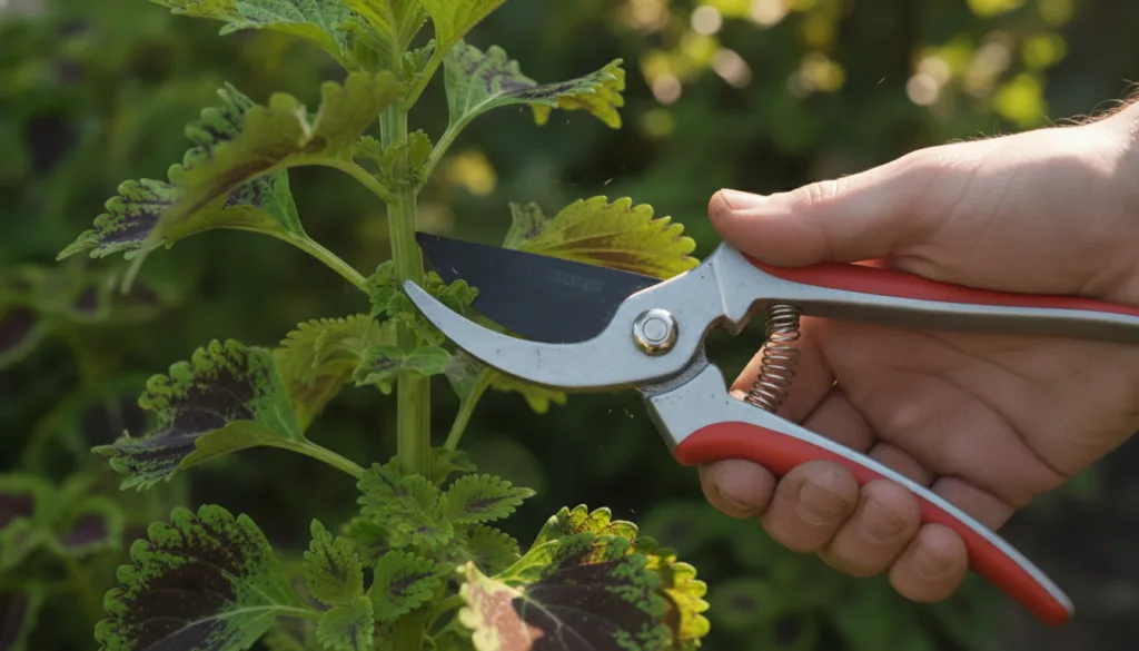 A close-up shot of a hand using sharp pruning shears to take a 4-6 inch cutting from a vibrant healthy Coleus plant The