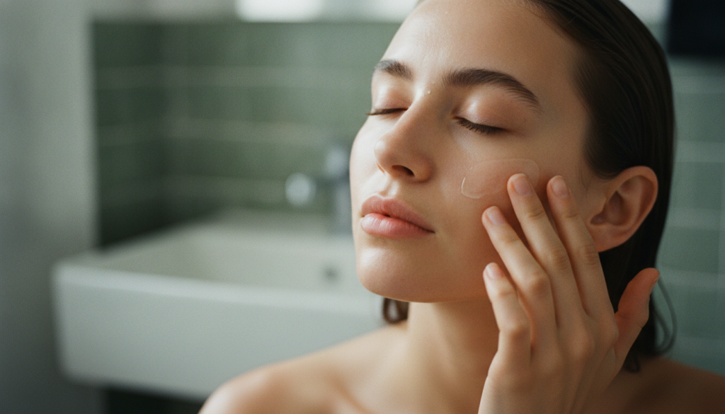 A woman gently patting a very thin layer of Vaseline onto her clean slightly damp face with a subtle dewy glow on her sk