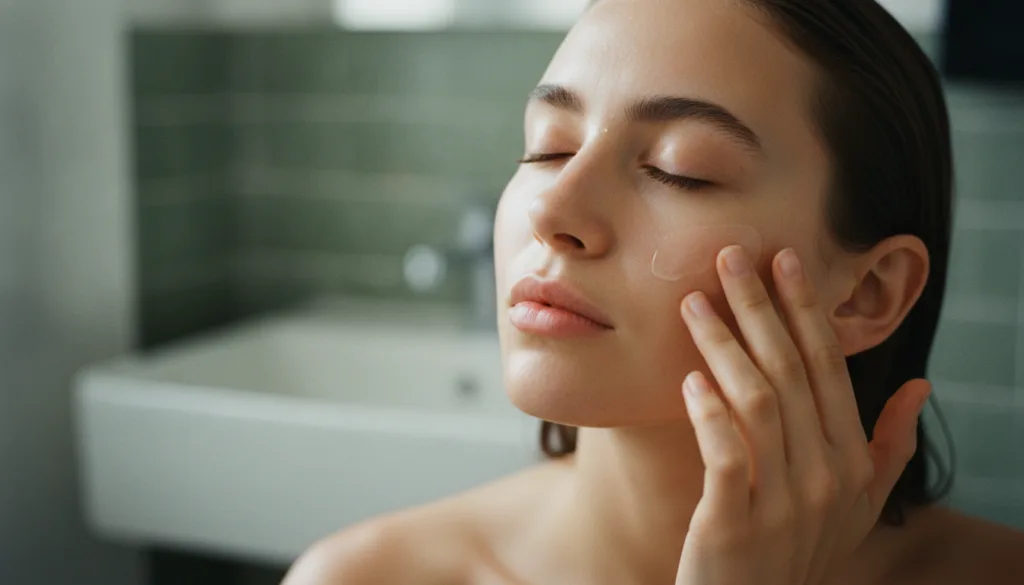 A woman gently patting a very thin layer of Vaseline onto her clean slightly damp face with a subtle dewy glow on her sk