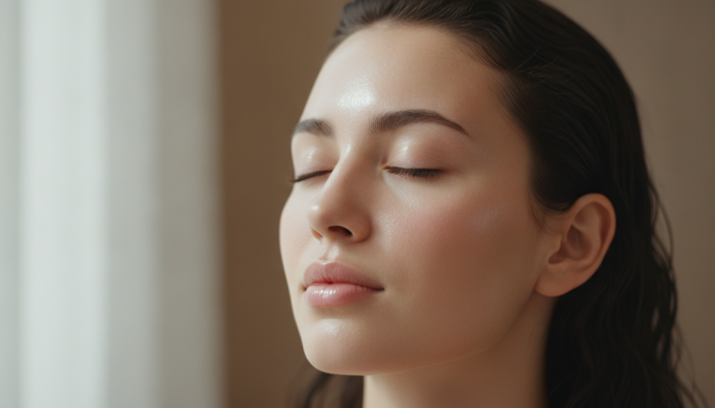 A close-up of a woman s face with a radiant dewy glass skin like complexion looking hydrated and smooth