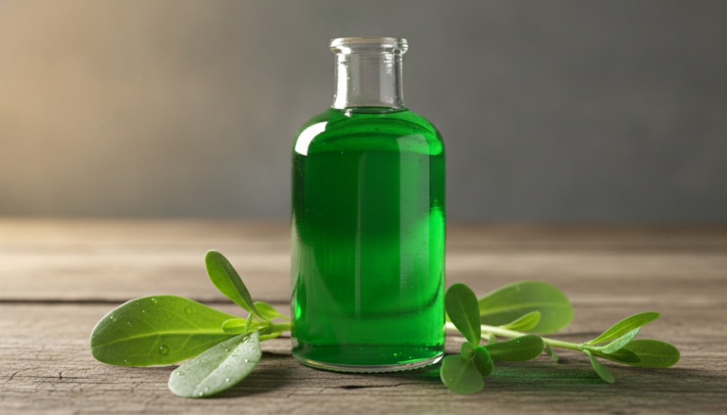 A clear glass bottle filled with a vibrant green purslane tonic placed on a wooden table with some fresh purslane leaves