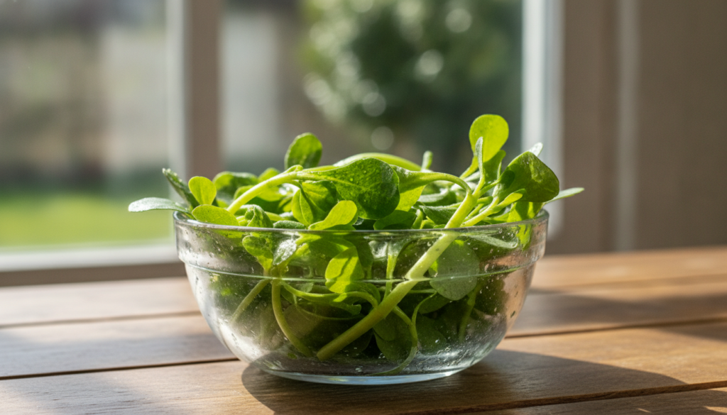 Close-up of fresh vibrant purslane leaves and stems in a clear glass bowl just after being washed ready for preparation