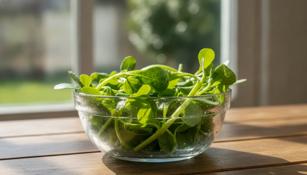 Close-up of fresh vibrant purslane leaves and stems in a clear glass bowl just after being washed ready for preparation
