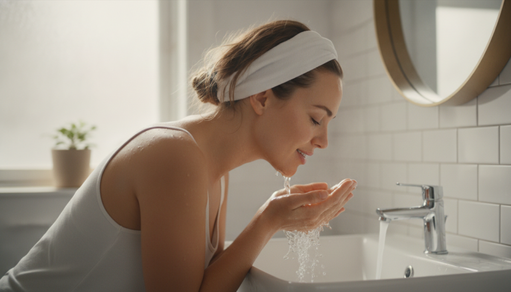 A woman gently rinsing her face over a sink smiling after applying a DIY face mask Her skin looks fresh and dewy